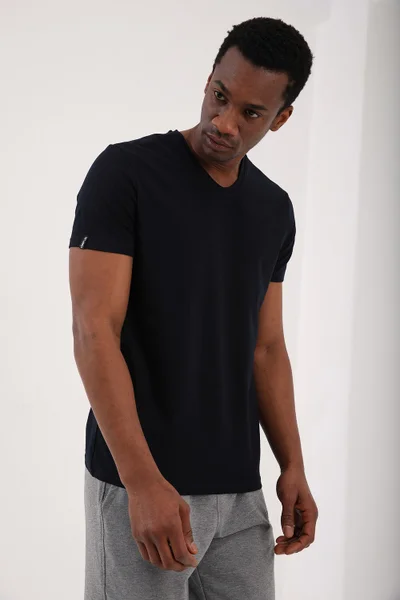 Tommy Life Navy Blue Men's Basic Short Sleeve Standard Pattern V Neck T-Shirt - 87912