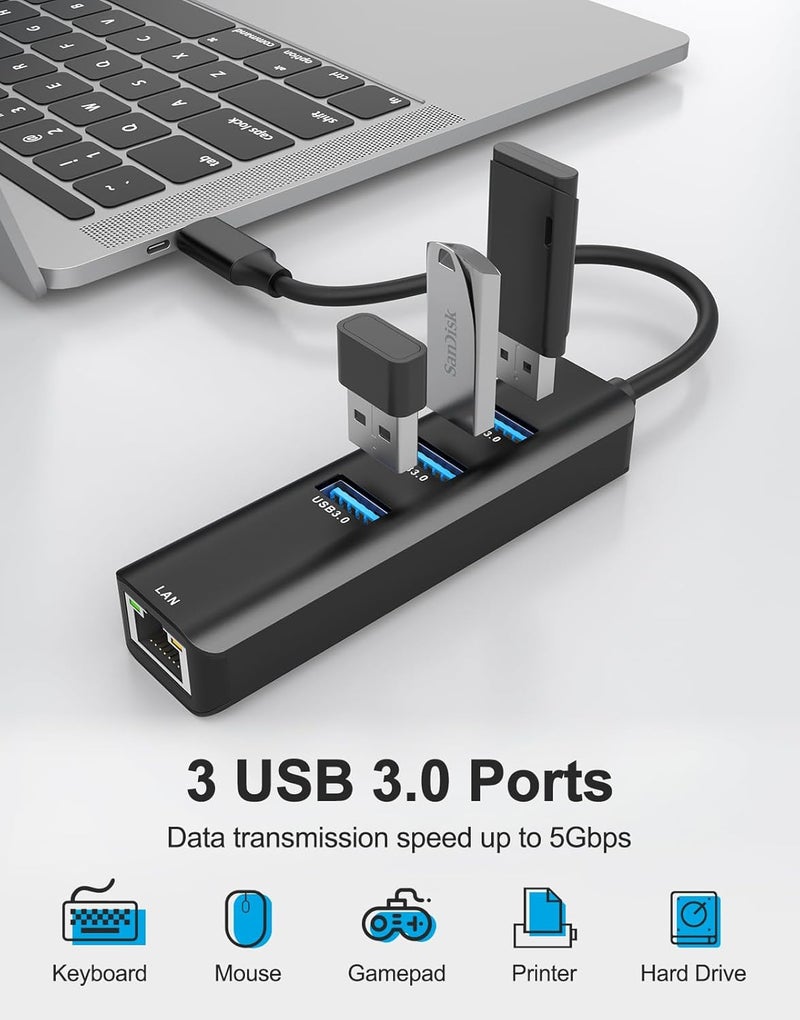 ABLEWE USB C to Ethernet Adapter, 4-in-1 RJ45 to USB-C/Thunderbolt 3 to Gigabit Ethernet LAN Network Adapter for MacBook Pro/Air 2021/2020/2019, iPad Pro 2021, Chromebook, XPS, Surface 3/2/Go-Black - Image 2