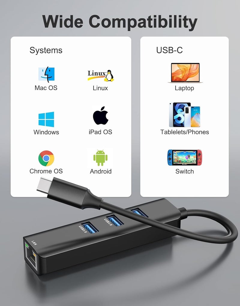 ABLEWE USB C to Ethernet Adapter, 4-in-1 RJ45 to USB-C/Thunderbolt 3 to Gigabit Ethernet LAN Network Adapter for MacBook Pro/Air 2021/2020/2019, iPad Pro 2021, Chromebook, XPS, Surface 3/2/Go-Black - Image 5