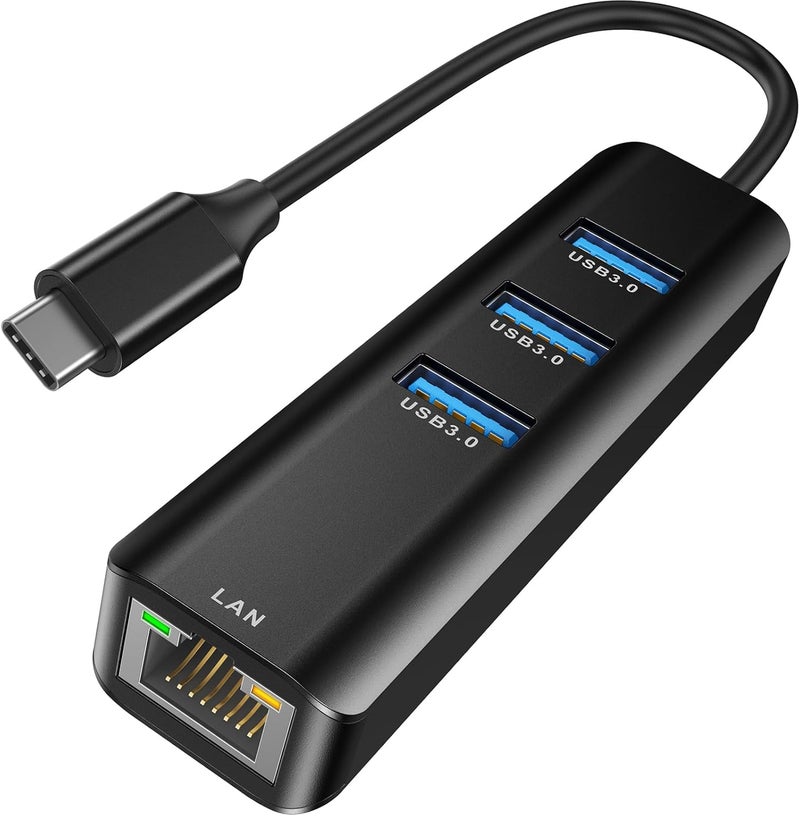 ABLEWE USB C to Ethernet Adapter, 4-in-1 RJ45 to USB-C/Thunderbolt 3 to Gigabit Ethernet LAN Network Adapter for MacBook Pro/Air 2021/2020/2019, iPad Pro 2021, Chromebook, XPS, Surface 3/2/Go-Black - Image 1