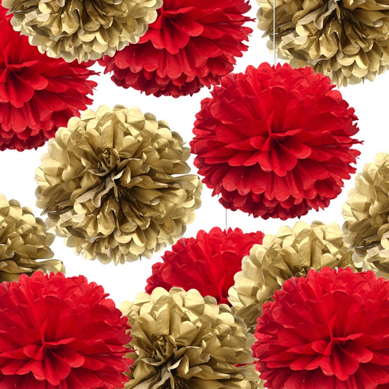 14 Red and Gold Tissue Pom Poms Kit DIY Decorative Paper Flowers Ball for Christmas New Years Eve Party Wedding Baby Shower Graduation Birthday Party Home Outdoor Hanging Decorations Pack of 10