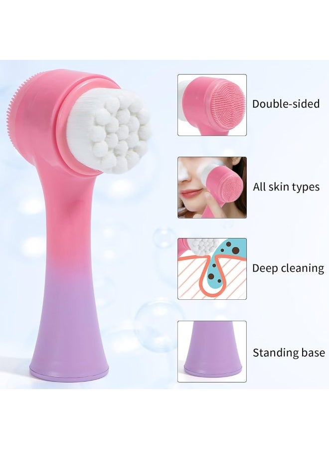 فرشاة تنظيف مزدوجة للوجه مصنوعة من شعر ناعم من السيليكون لغسل الوجه ومزيل مكياج يدوي وفرشاة تنظيف عميق بألوان عشوائية - Image 2