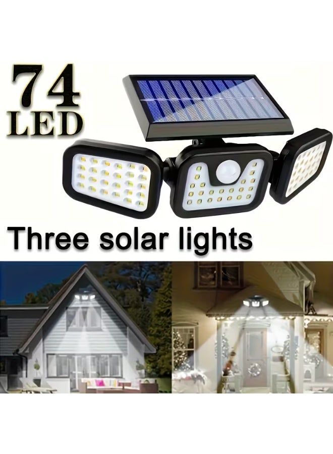 كشاف إضاءة يعمل بالطاقة الشمسية مزود بمستشعر حركة و74 مصباح LED، مع إمكانية التحكم في شدة الإضاءة بثلاثة مستويات، ومقاوم للماء والغبار بمعيار IP44، مناسب للحدائق والباحات، مصباح خارجي عالي الكثافة موفر للطاقة، نظام إضاءة بزاوية واسعة 180 درجة، مصباح إنارة شوارع تجاري - Image 2