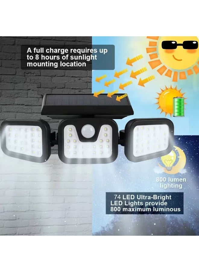 كشاف إضاءة يعمل بالطاقة الشمسية مزود بمستشعر حركة و74 مصباح LED، مع إمكانية التحكم في شدة الإضاءة بثلاثة مستويات، ومقاوم للماء والغبار بمعيار IP44، مناسب للحدائق والباحات، مصباح خارجي عالي الكثافة موفر للطاقة، نظام إضاءة بزاوية واسعة 180 درجة، مصباح إنارة شوارع تجاري - Image 3