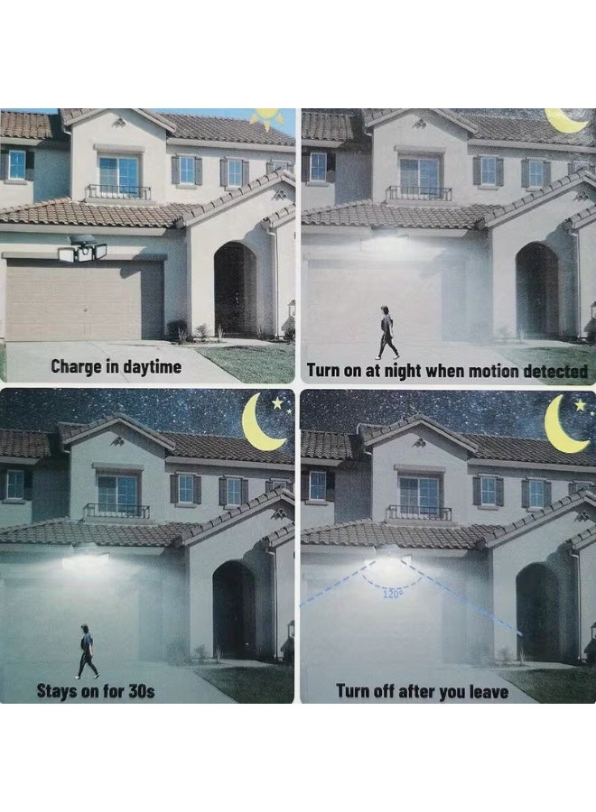 كشاف إضاءة يعمل بالطاقة الشمسية مزود بمستشعر حركة و74 مصباح LED، مع إمكانية التحكم في شدة الإضاءة بثلاثة مستويات، ومقاوم للماء والغبار بمعيار IP44، مناسب للحدائق والباحات، مصباح خارجي عالي الكثافة موفر للطاقة، نظام إضاءة بزاوية واسعة 180 درجة، مصباح إنارة شوارع تجاري - Image 4