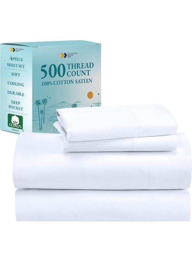 California Design Den California King Bed Sheet, Soft 100% Cotton Cooling Sheets Deep Pockets Snug Fit Elastic, 500 Thread Count, 4-Pc Bedsheet Set, Beats Egyptian Cotton Claim (Solid - Pure White) - Image 1
