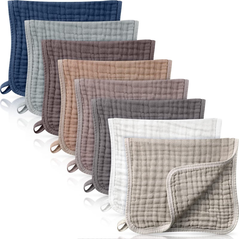 Remagr 8 Packs Muslin Burp Cloths 6 Layers Unisex Baby Items Absorbent Burp Rags Colorful Muslin Washcloths for Baby Plain Soft Cotton Cloth for Babies Girls Boys 10 x 20 Inch Warm Colors