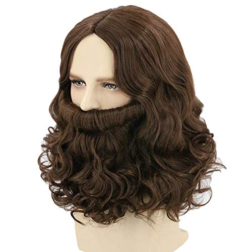 LeMarnia Wizard Wig and Beard Set for Men Brown Short Curly Biblical Jesus Wig for Halloween Costume Wigs - Image 1