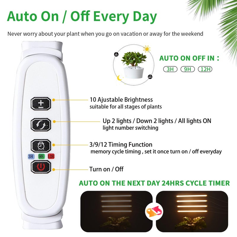 RWNTAO LED Plant Growing lamp, 3500K Full Spectrum Grow Light Strips for Indoor Plants with 3/9/12H Timer & 10 Dimmable Levels, Led Growth Light for Green House Hydroponics Succulent 13In 4Head - Image 2