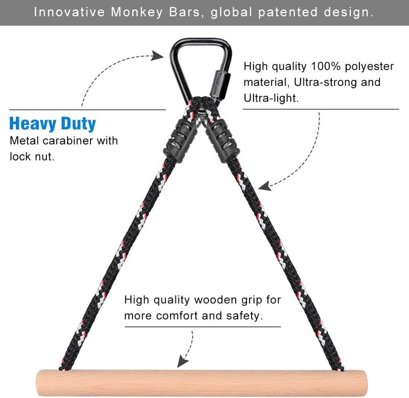 BeneLabel 3 Pcs Ninja Monkey Bars for Obstacle Course Bars 250LB Capacity Wood & Ropes Trapeze Swing Bar Attachments for Kids & Teens Training Ninja Line, Slackline, Backyard Swing Set Black - Image 5