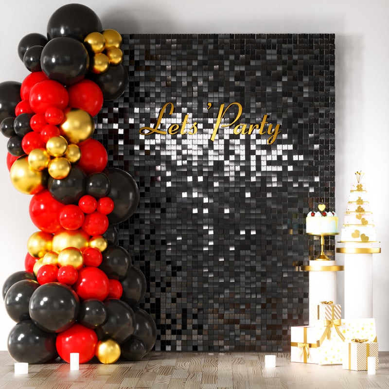 COKAOBE Black Shimmer Wall Backdrop, 24PCS Square Sequin Shimmer Backdrop Panel, Photo Backdrops for Birthday, Anniversary, Wedding, Graduation & Bachelorette Party Decoration - Image 1