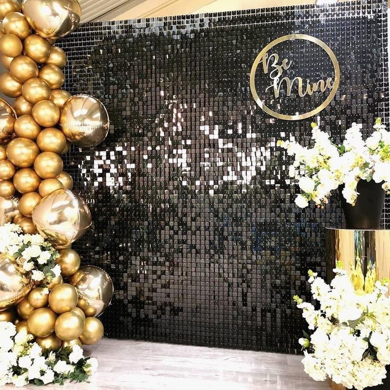 COKAOBE Black Shimmer Wall Backdrop, 24PCS Square Sequin Shimmer Backdrop Panel, Photo Backdrops for Birthday, Anniversary, Wedding, Graduation & Bachelorette Party Decoration - Image 5