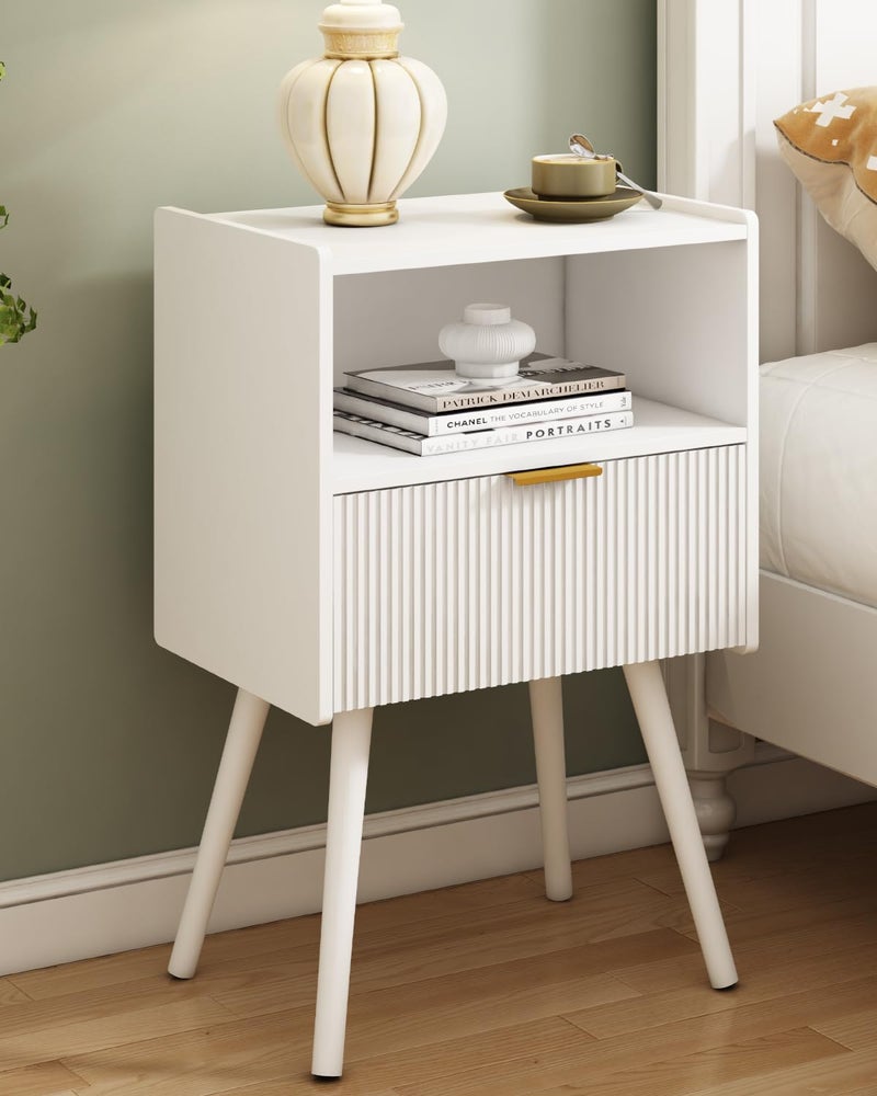 JOONEE White Nightstand,Modern Bedside Table with Storage Drawer and Open Wood Shelf, for Living Room, Bedroom and Small Spaces, Accent Night Stand with Solid Wood Legs, Easy Assembly,Classic White - Image 1
