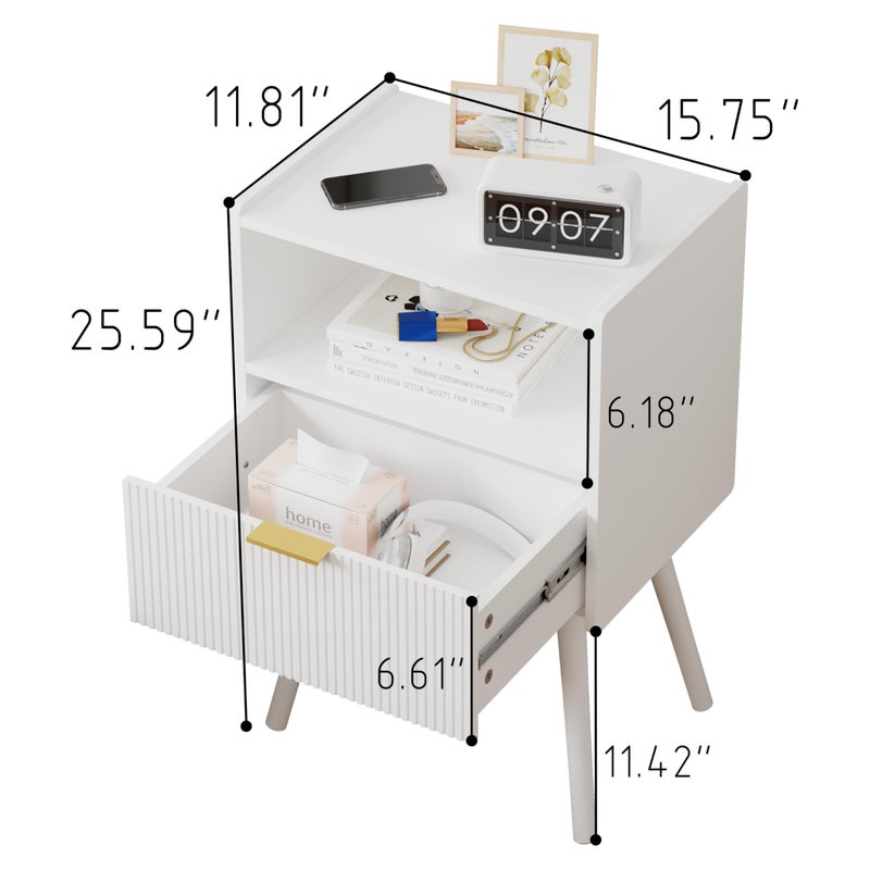 JOONEE White Nightstand,Modern Bedside Table with Storage Drawer and Open Wood Shelf, for Living Room, Bedroom and Small Spaces, Accent Night Stand with Solid Wood Legs, Easy Assembly,Classic White - Image 4