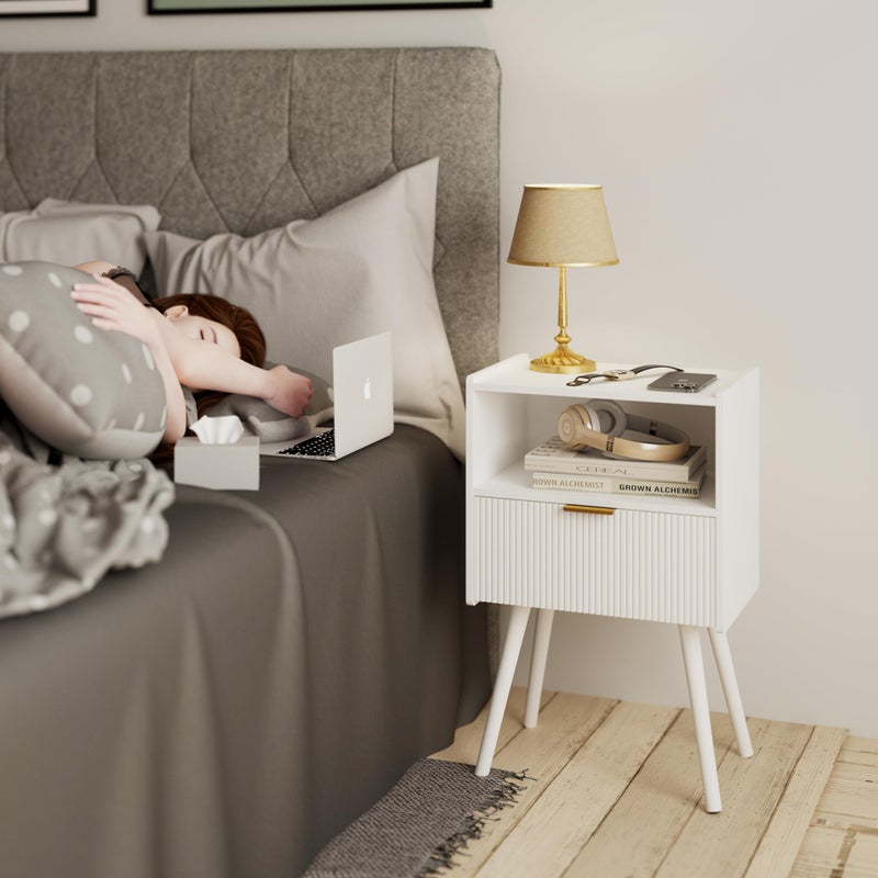 JOONEE White Nightstand,Modern Bedside Table with Storage Drawer and Open Wood Shelf, for Living Room, Bedroom and Small Spaces, Accent Night Stand with Solid Wood Legs, Easy Assembly,Classic White - Image 2