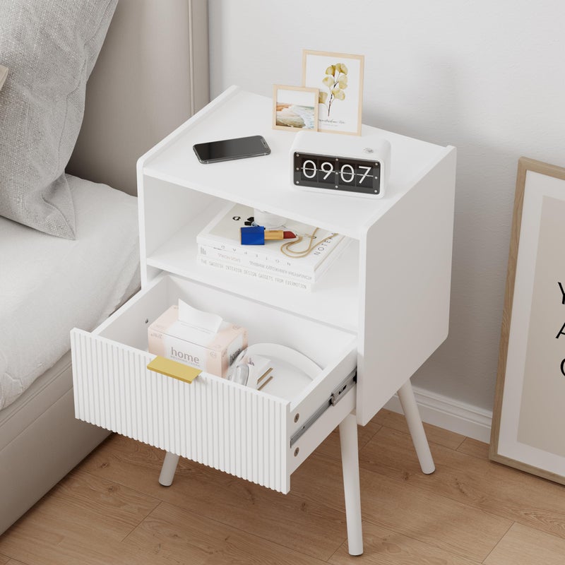 JOONEE White Nightstand,Modern Bedside Table with Storage Drawer and Open Wood Shelf, for Living Room, Bedroom and Small Spaces, Accent Night Stand with Solid Wood Legs, Easy Assembly,Classic White - Image 5