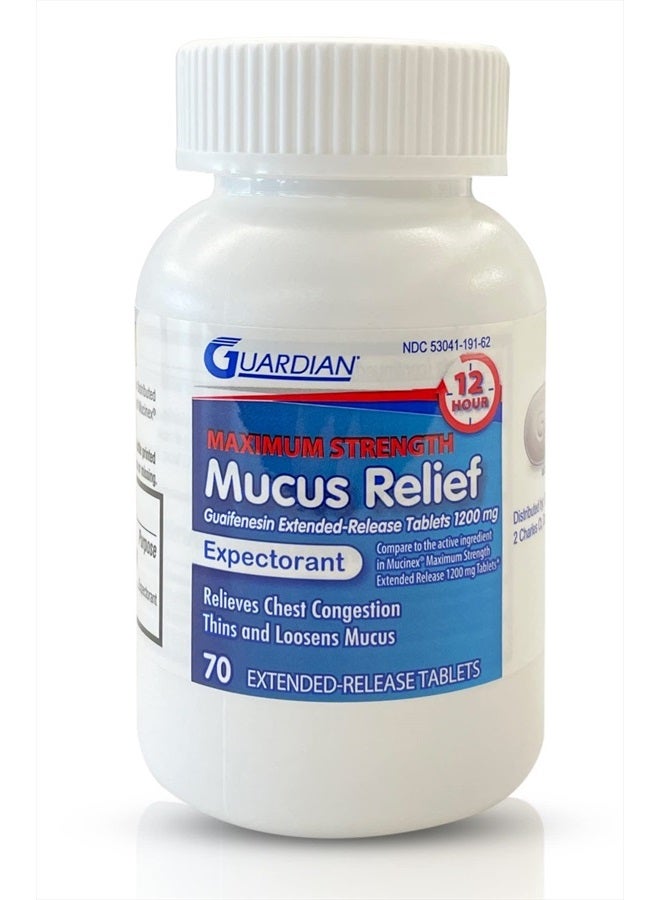 GUARDIAN Mucus Relief 12 Hour (70 Count) Extended Release Guaifenesin, 1200mg Maximum Strength, Chest Congestion Expectorant Tablets (70 Count Bottle (Pack of 1)) - Image 1