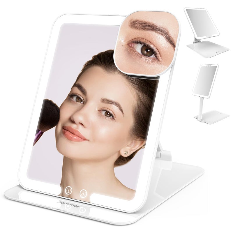 Mocado Travel Makeup Mirror with Light Tripple Folding Vanity Mirror with Lights 3 Colors Lighted Makeup Mirror 1500mAh Rechargeable Memory Function Freely Adjust Height and AngleWhite