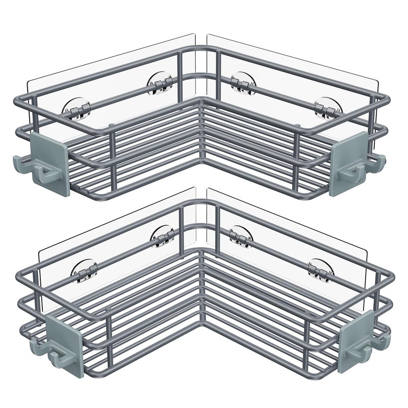 Nieifi Adhesive Corner Shower Caddy Shelf Basket Rack with Hooks, Rust Proof Stainless Steel Bathroom Shelf Shampoo Holder No Drilling (Gray) - Image 1