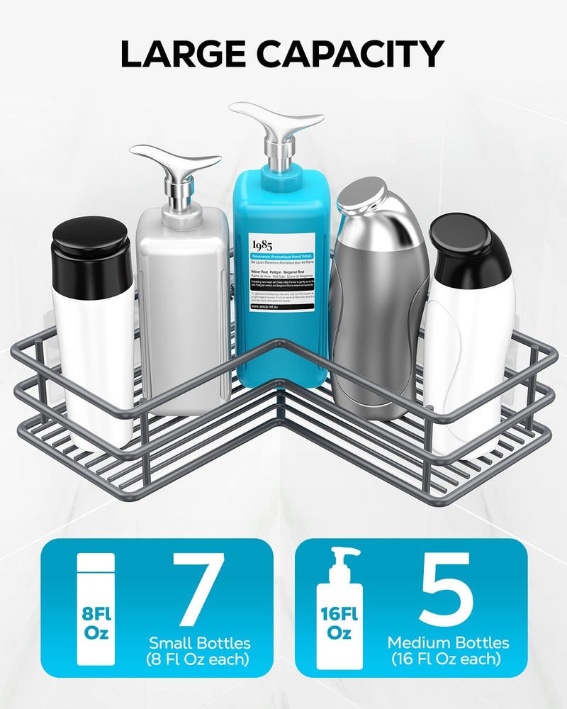 Nieifi Adhesive Corner Shower Caddy Shelf Basket Rack with Hooks, Rust Proof Stainless Steel Bathroom Shelf Shampoo Holder No Drilling (Gray) - Image 4