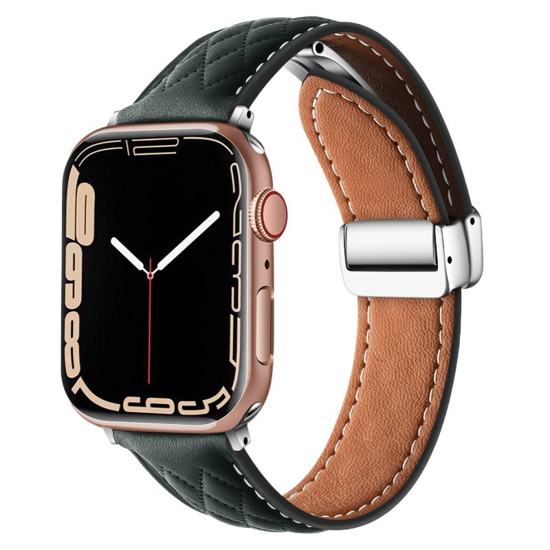 سوار ساعة ذكية سوار جلدي كلاسيكي متوافق مع Apple Watch 38/40/41/42/44/45/49mm بملاءمة قابلة للتعديل وحزام بديل باللون أخضر قابل للتعديل - Image 5