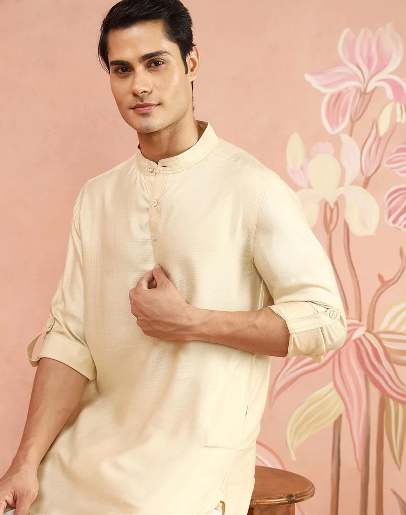 فاب انديا Natural Viscose Blend Dobby Slim Fit Short Kurta