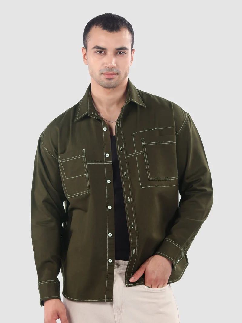 Beyoung Army Green Dual Pocket Contrast Stitch Shirt