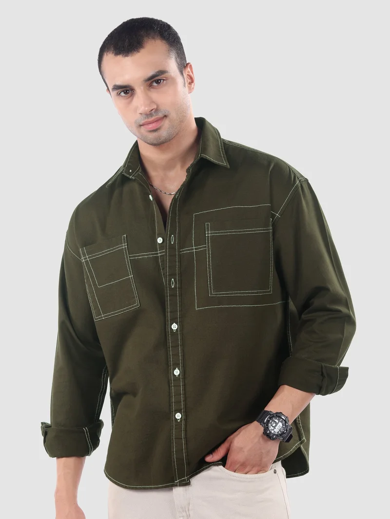 Beyoung Army Green Dual Pocket Contrast Stitch Shirt