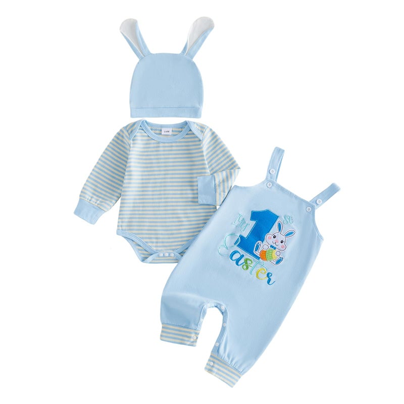 DNOMAID YZARC My 1st Easter Baby Boy Outfit Stripe Long Sleeve Romper Bunny Embroidered Overalls Pants Hat Set 3Pcs Clothes (Light Blue, 0-3 Months) - Image 1