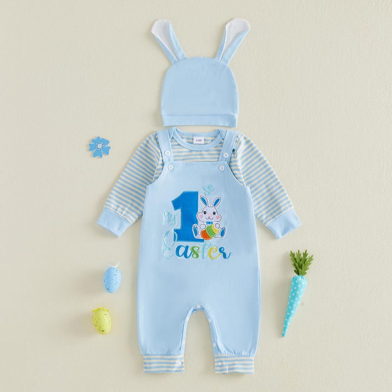 DNOMAID YZARC My 1st Easter Baby Boy Outfit Stripe Long Sleeve Romper Bunny Embroidered Overalls Pants Hat Set 3Pcs Clothes (Light Blue, 0-3 Months) - Image 5