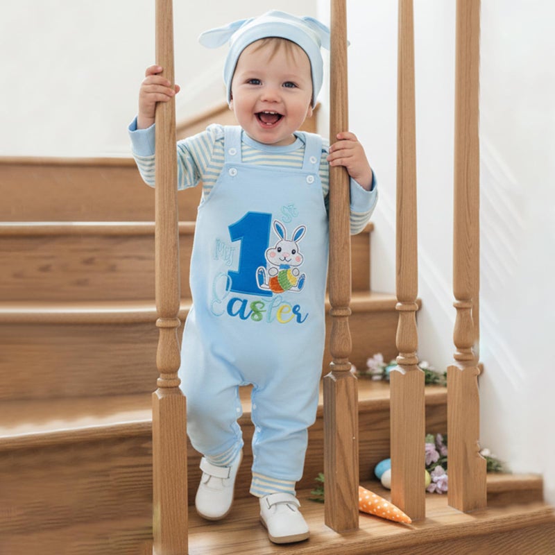 DNOMAID YZARC My 1st Easter Baby Boy Outfit Stripe Long Sleeve Romper Bunny Embroidered Overalls Pants Hat Set 3Pcs Clothes (Light Blue, 0-3 Months) - Image 4
