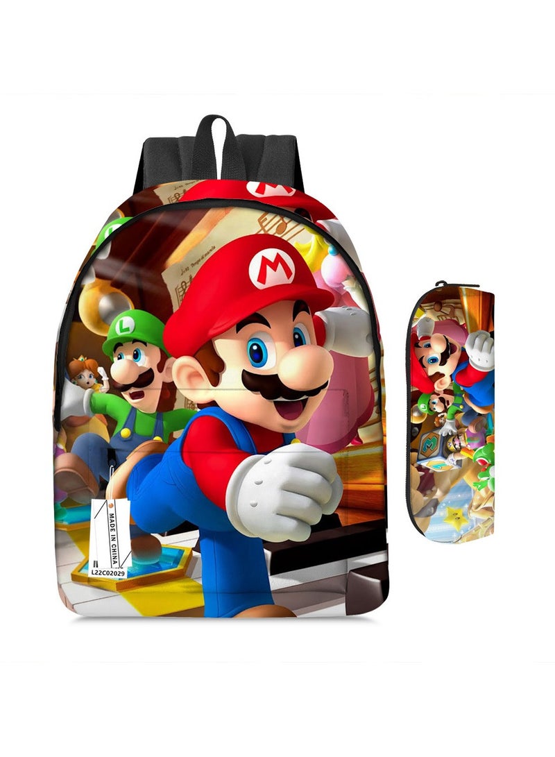 Super Mario Mario Cartoon Backpack Super Mario Student Schoolbag Pencil Case Two-piece Set - Image 1