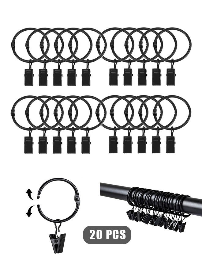 20 Pcs Shower Curtain Hooks with Clip, Metal Rustproof Openable Hanging Curtain Rings, 1.22 Inch Drapery Eyelet Rings for Bathroom Bedroom Kitchen Home Curtain(Black) - Image 1