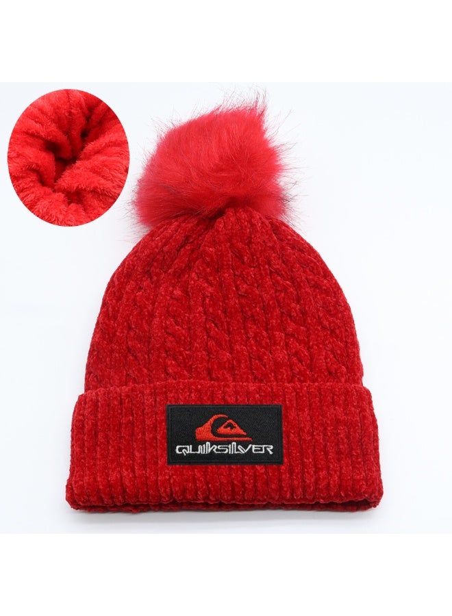 Quiksilver Sherpa-Lined Pom-Pom Beanie - Red Winter Outdoor Beanie for Men & Women