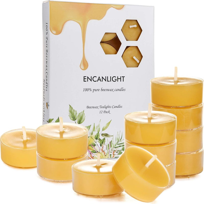 Beeswax Tealight Candles Handmade Tea Light Candle 24 Pack with Cotton Wick 4 Hours Long Burning Natural Unscented and Smokeless for Home Decor Party Dinner
