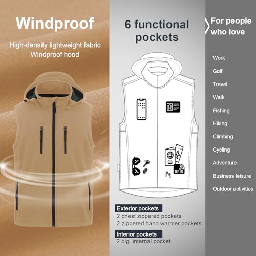 CREATMO US Men's Golf Vest Lightweight Fleece Lined Vest Softshell Outerwear Sleeveless Jacket With Detachable Hood Khaki M - Image 5