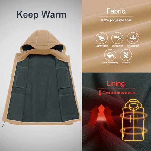 CREATMO US Men's Golf Vest Lightweight Fleece Lined Vest Softshell Outerwear Sleeveless Jacket With Detachable Hood Khaki M - Image 3