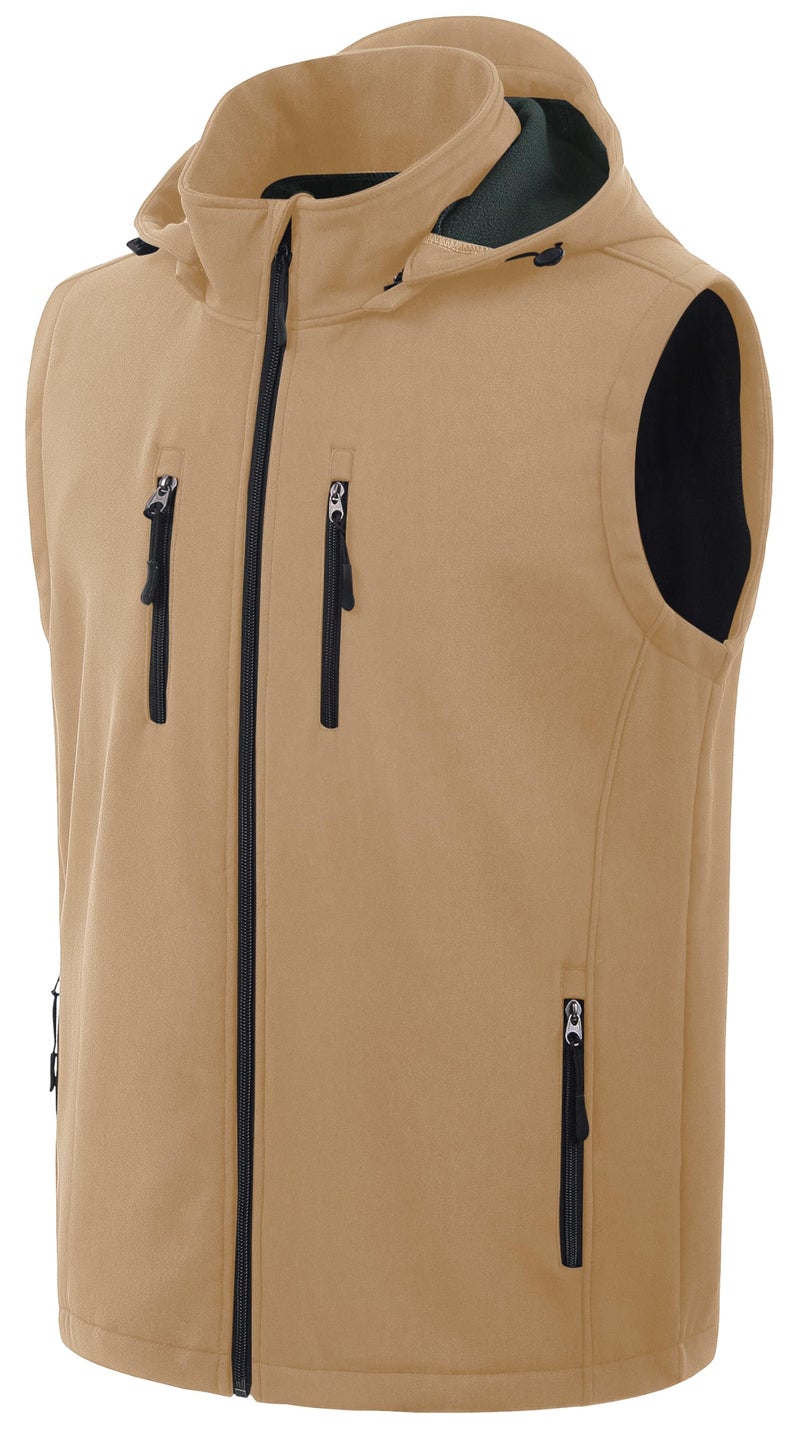 CREATMO US Men's Golf Vest Lightweight Fleece Lined Vest Softshell Outerwear Sleeveless Jacket With Detachable Hood Khaki M - Image 1