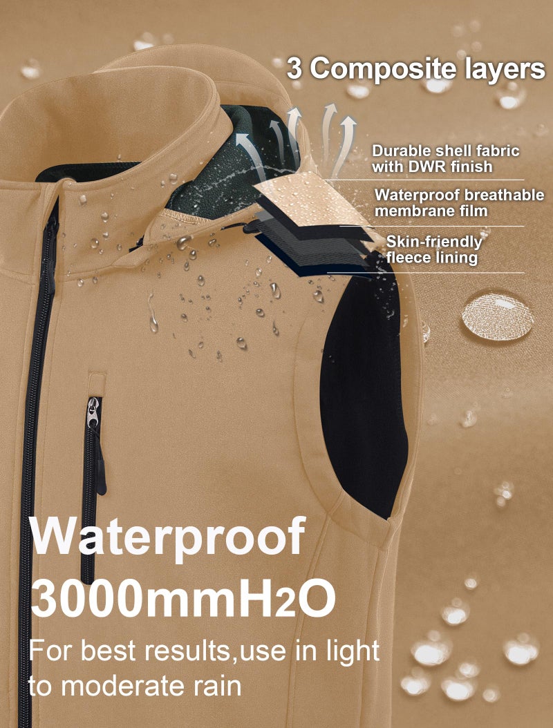 CREATMO US Men's Golf Vest Lightweight Fleece Lined Vest Softshell Outerwear Sleeveless Jacket With Detachable Hood Khaki M - Image 4