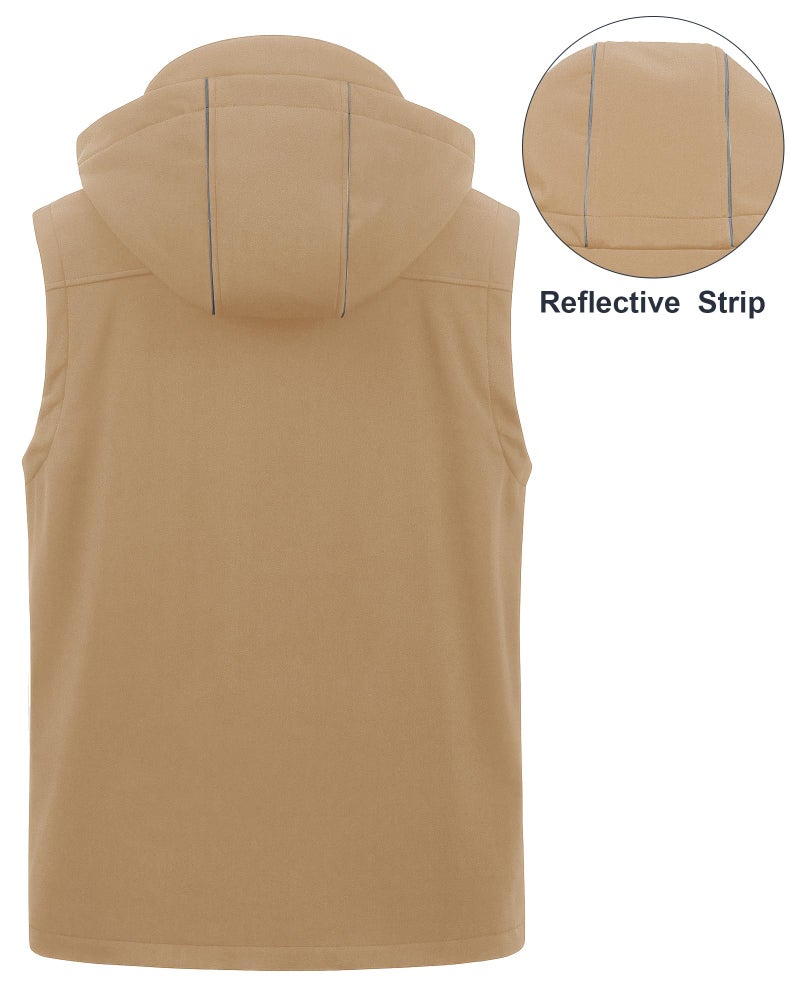 CREATMO US Men's Golf Vest Lightweight Fleece Lined Vest Softshell Outerwear Sleeveless Jacket With Detachable Hood Khaki M - Image 2