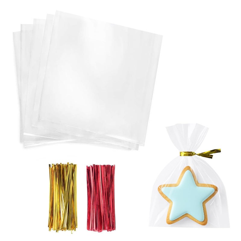 Morepack 4x4 Inches Cellophane Cookie Bags,200 Pieces Cellophane Treat Bags With Ties - Image 1