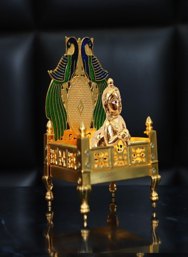 CHHARIYA CRAFTS تمثال كريشنا أيدول معدني لادو جوبال مع قطعة ديكور سينغاسان بالانا لمعبد ديكور المنزل جانماشتامي وهدية - Image 2
