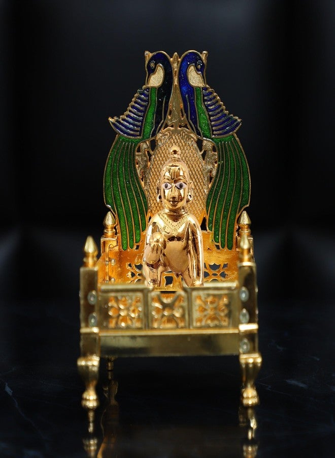 CHHARIYA CRAFTS تمثال كريشنا أيدول معدني لادو جوبال مع قطعة ديكور سينغاسان بالانا لمعبد ديكور المنزل جانماشتامي وهدية - Image 1