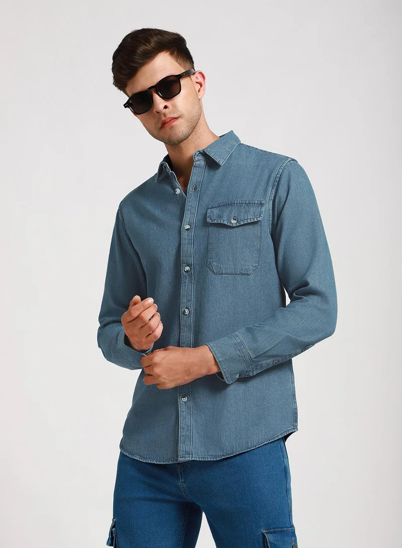 Dennis Lingo Slim Fit Indigo Shirt for Men - Denim, Washed, Spread Collar, Full Sleeves, Casual Look