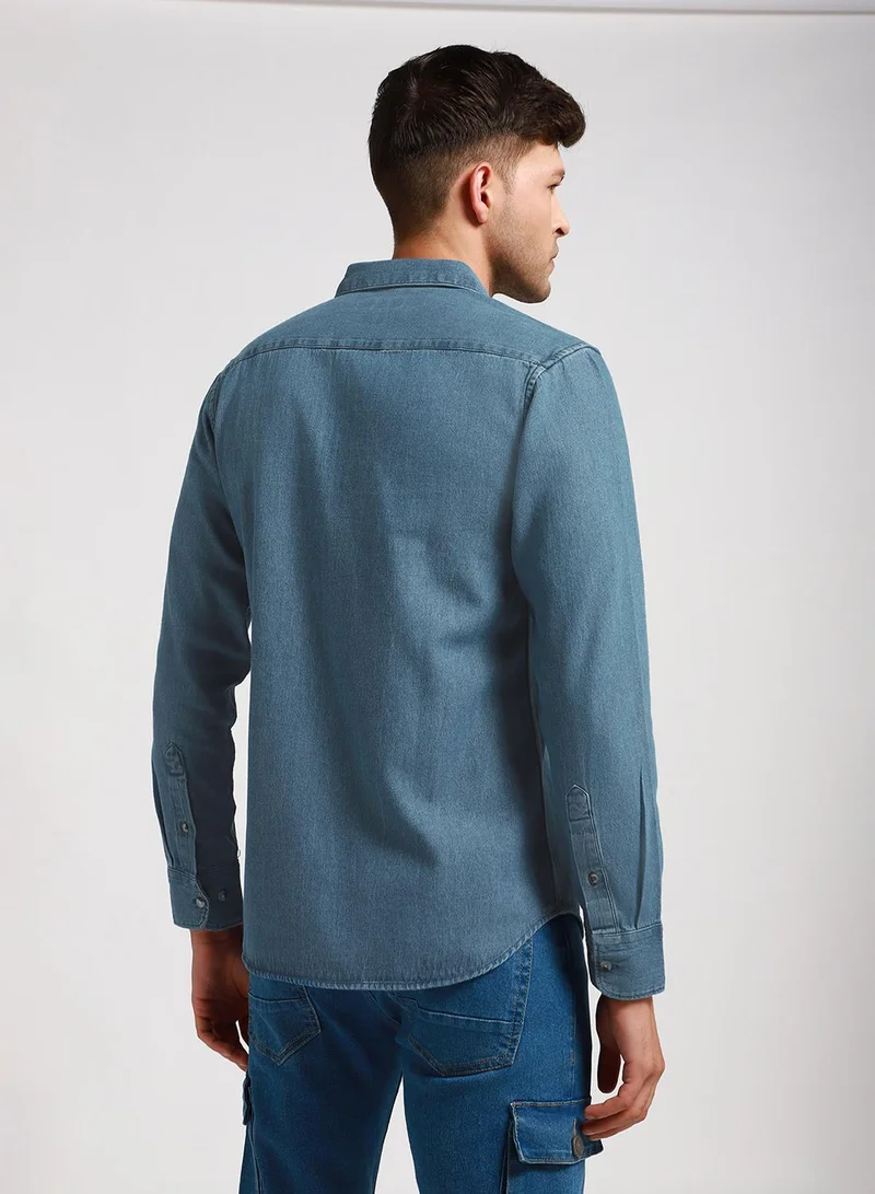 Dennis Lingo Slim Fit Indigo Shirt for Men - Denim, Washed, Spread Collar, Full Sleeves, Casual Look