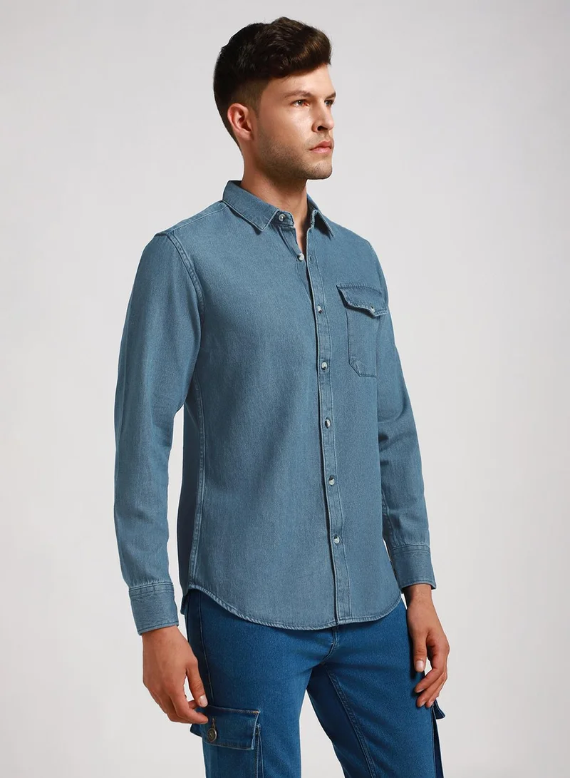 Dennis Lingo Slim Fit Indigo Shirt for Men - Denim, Washed, Spread Collar, Full Sleeves, Casual Look