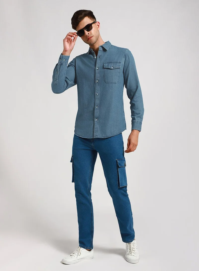 Dennis Lingo Slim Fit Indigo Shirt for Men - Denim, Washed, Spread Collar, Full Sleeves, Casual Look