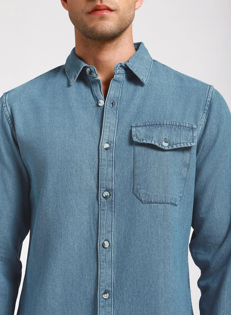 Dennis Lingo Slim Fit Indigo Shirt for Men - Denim, Washed, Spread Collar, Full Sleeves, Casual Look