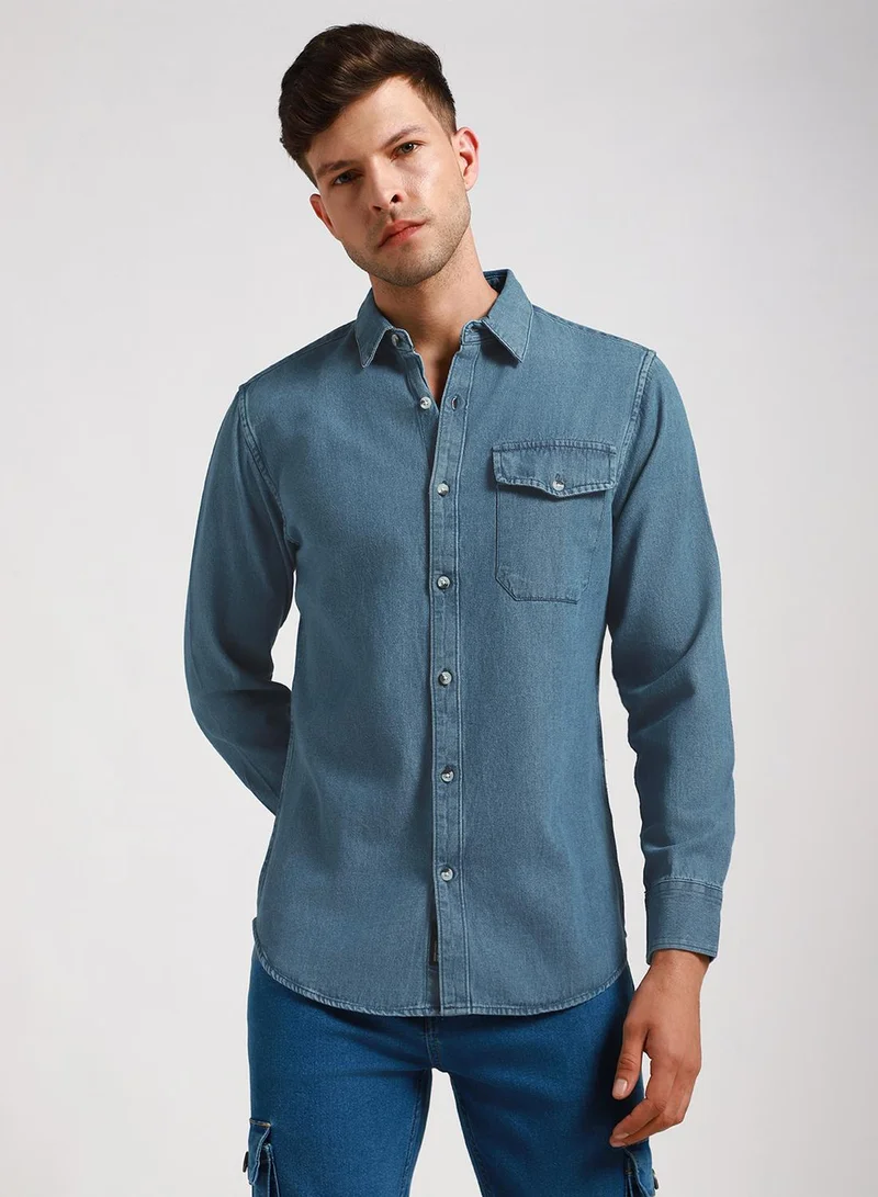 Dennis Lingo Slim Fit Indigo Shirt for Men - Denim, Washed, Spread Collar, Full Sleeves, Casual Look