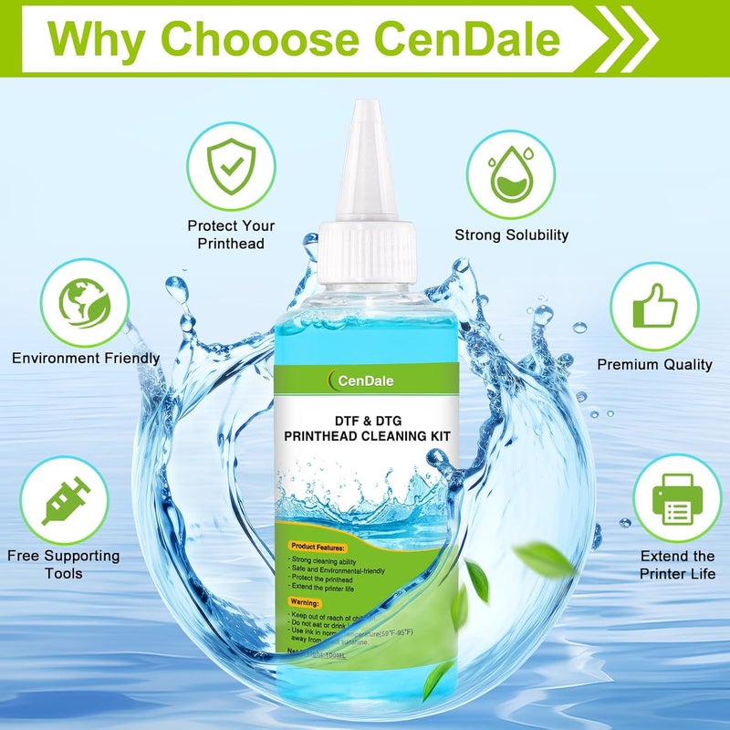 CenDale Premium DTF Printhead Cleaning Solution - Universal Printhead Cleaner Kit for Any DTF & DTG Printers, Print Head Cleaning Kit for Epson ET8550 L1800 XP15000 R1390 XP600 Ink Printer (100ML) - Image 3